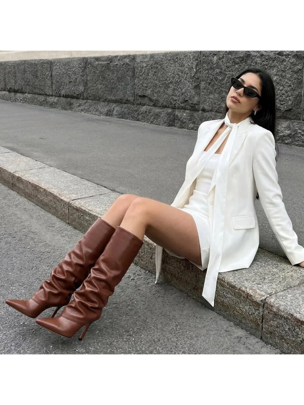 Women's Brown 1 Stiletto Heel Pointed Toe Side Zipper Knee High Shark Boots